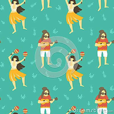 Seamless vector hawaii pattern. Summer background with dancing girls and men playing ukulele. Vector Illustration