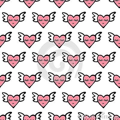 Seamless vector heart pattern for Valentines Day. Cute hearts with wings, smile and eyes. Vector Illustration