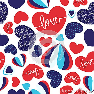 Seamless Vector Hearts Pattern with red & blue shades of colors Vector Illustration