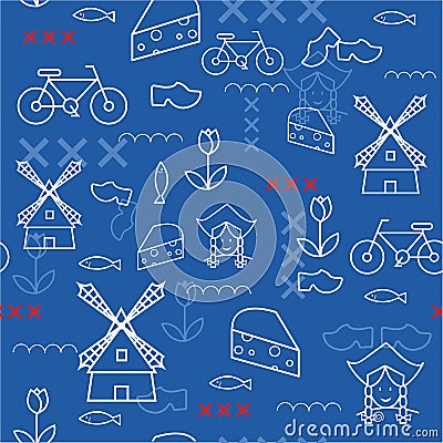 Seamless vector Holland pattern/ Travel illustration with dutch landmarks. Vector Illustration