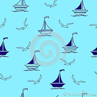 Sailing boats and seagulls seamless pattern, textile, surface design Vector Illustration