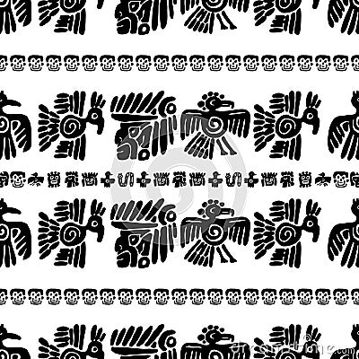 Seamless maya pattern. Black and white ethnic elements. Vector Illustration