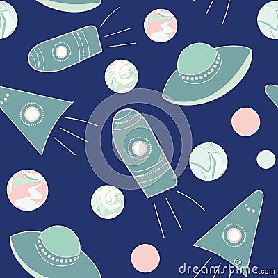 Seamless vector patter with ufo, spaceships and plantes Vector Illustration