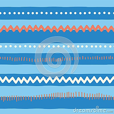 Seamless vector pattern abstract horizontal lines, zigzag, dots, stripes. Red and blue tribal doodle background. Texture for Vector Illustration