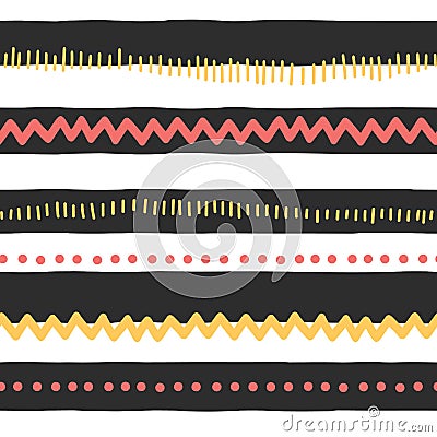 Seamless vector pattern abstract horizontal lines, zigzag, dots, stripes. Red and yellow doodles on black and white background. Vector Illustration