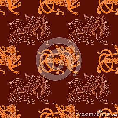 Seamless vector pattern with ancient Slavic symbol Simargl or Chernihiv Beast Vector Illustration