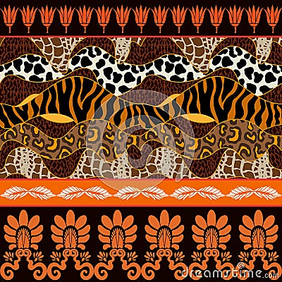 Seamless vector pattern with animal prints and ancient geometrical ornaments. Vector Illustration