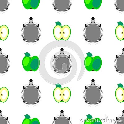 Seamless vector pattern with animals, colorful background with hedgehogs and green apples, over light backdrop Vector Illustration
