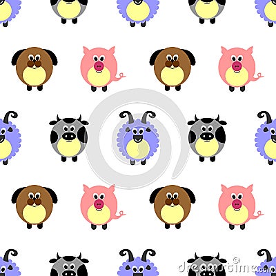 Seamless vector pattern with animals. Cute background with comic pigs, sheeps, dogs and cows on the white backdrop Vector Illustration