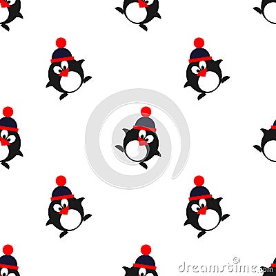 Seamless vector pattern with animals, cute background with penguins with winter hats. Vector Illustration