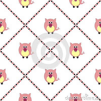 Seamless vector pattern with animals. Cute background with pink pigs on the white backdrop Vector Illustration