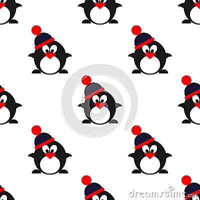 Seamless vector pattern with animals, cute symmetrical background with penguins with winter hats Vector Illustration