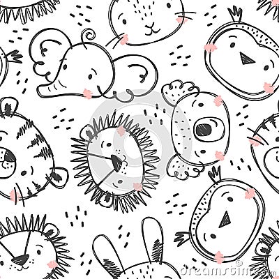 Seamless vector pattern. Animals hand-drawn with felt-tip pen. Tiger, elephant, owl, hare, lion, koala Vector Illustration