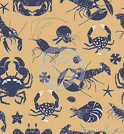 Seamless vector pattern with animals under water. Crab, shrimp, lobster, crayfish on beige background. Hand drawing sketch Vector Illustration
