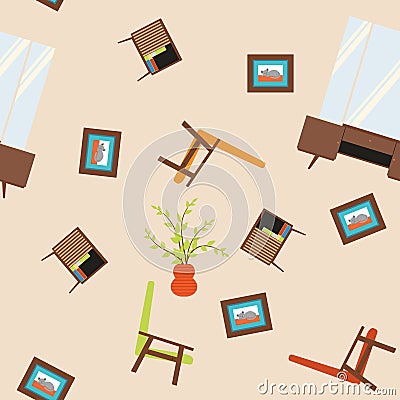 Seamless vector pattern with armchairs, paintings, mirrors and nightstand. Vector Illustration