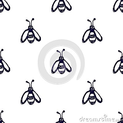 Seamless vector pattern, background with cute wasps on the white backdrop. Hand sketch drawing. Imitation of ink pencilling. Vector Illustration