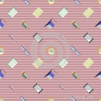 Seamless vector pattern, background with glasses, academic caps, letters, pens, pencils, notebooks and alarm clocks on the lined p Vector Illustration