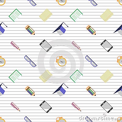 Seamless vector pattern, background with glasses, academic caps, letters, pens, pencils, notebooks and alarm clocks on the lined w Vector Illustration