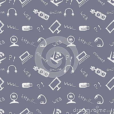 Seamless vector pattern, background monitor, notebook, router, usb and microphone on the blue backdrop. Hand sketch drawing. Vector Illustration