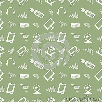 Seamless vector pattern, background monitor, notebook, router, usb and microphone on the green backdrop. Vector Illustration