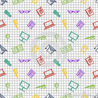 Seamless vector pattern, background notebooks, pens, pencils, glasses and books on the checkered paper. Vector Illustration