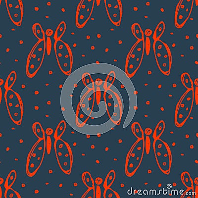 Seamless vector pattern, background with red butterflies on the blue backdrop. Vector Illustration