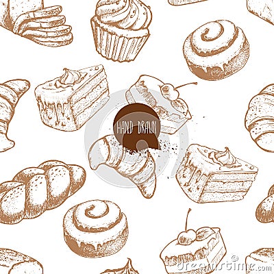 Seamless vector pattern with bakery goods. Bread, bun, iced cinnamon bun, cupcake, cake and croissant. Vector Illustration