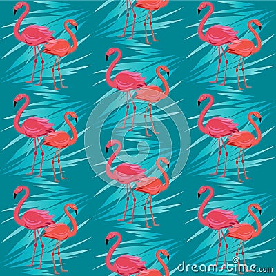 Seamless vector pattern, banner with flamingo, tropical leaves exotic flower design Vector Illustration