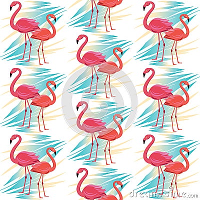 Seamless vector pattern, banner with flamingo, tropical leaves exotic flower design Vector Illustration