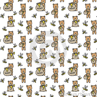 Seamless vector pattern with bears, honey pots and bees Vector Illustration