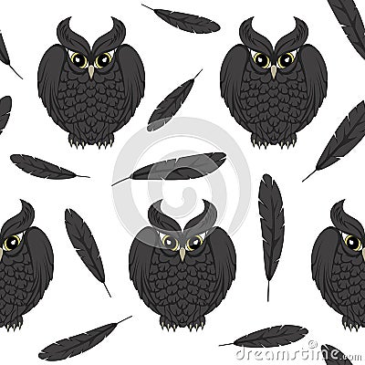 Seamless, vector pattern with black owls and feathers. Vector Illustration