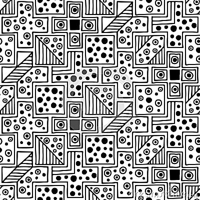 Seamless vector pattern. Black and white geometrical background with hand drawn decorative tribal elements. Print with ethnic, fol Vector Illustration