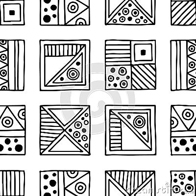 Seamless vector pattern. Black and white geometrical background with hand drawn decorative tribal elements. Print with ethnic, fol Vector Illustration