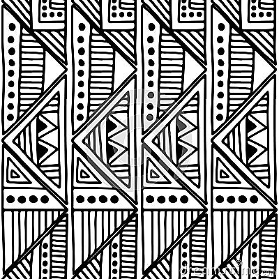 Seamless vector pattern. Black and white geometrical background with hand drawn decorative tribal elements. Print with ethnic, fol Vector Illustration