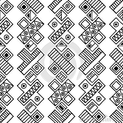 Seamless vector pattern. Black and white geometrical background with hand drawn decorative tribal elements. Print with ethnic, fol Vector Illustration