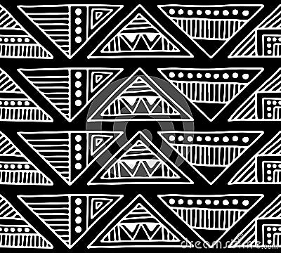 Seamless vector pattern. Black and white geometrical background with hand drawn decorative tribal elements. Print with ethnic, fol Vector Illustration