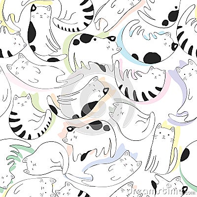 Seamless vector pattern with black and white hand drawn cute cats and colorful shadows isolated on white background. Design for Vector Illustration