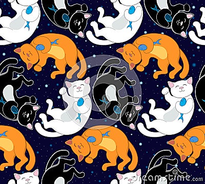 Seamless vector pattern with black, white and red cats Vector Illustration