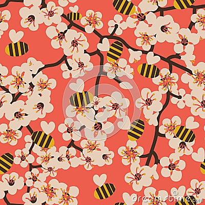 Seamless vector pattern with blooming tree branches and bees Vector Illustration