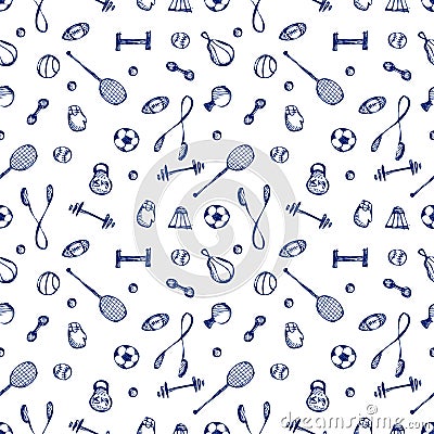 Seamless vector pattern. Blue background with sports equipment. Soccer ball, punching bag, gloves, barbells, dumbbells, racket, ro Vector Illustration