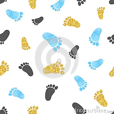 Seamless vector pattern with blue and golden baby footprints Vector Illustration