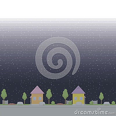 Seamless vector pattern border curb park street painted trees benches flowerbeds fence night against the backdrop of a black and b Vector Illustration