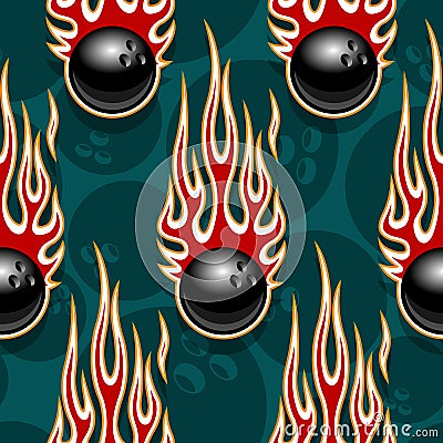 Seamless vector pattern with bowling ball icons and flames. Vector Illustration