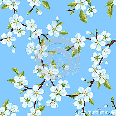 Seamless vector pattern from the branches of a spring blooming apple tree with white flowers and leaves Vector Illustration