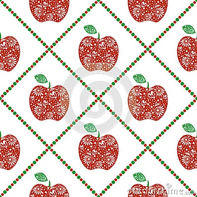 Seamless vector pattern, bright fruits symmetrical background with red decorative ornamental apples and rhombus, on the white ba Vector Illustration