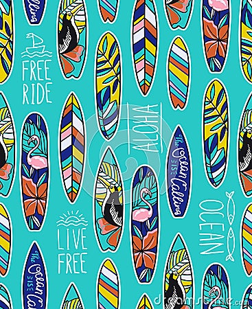 Seamless vector pattern with bright surfboards and stylish phrases on the blue background. Vector Illustration