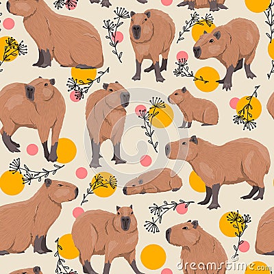 Seamless vector pattern with capybaras, doodle plants and circles Vector Illustration