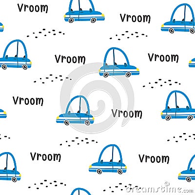 Seamless vector pattern with cars. Cute blue cars. Lettering Vroom Vector Illustration