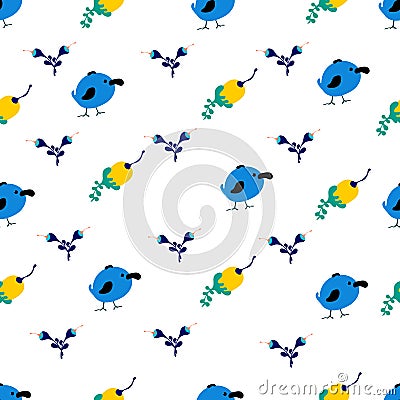 Seamless vector pattern with cartoon birds and flowersc figures in bright colors. Vector Illustration