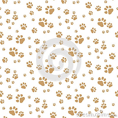 Seamless vector pattern with cartoon bones and paws on brown background. Vector Illustration